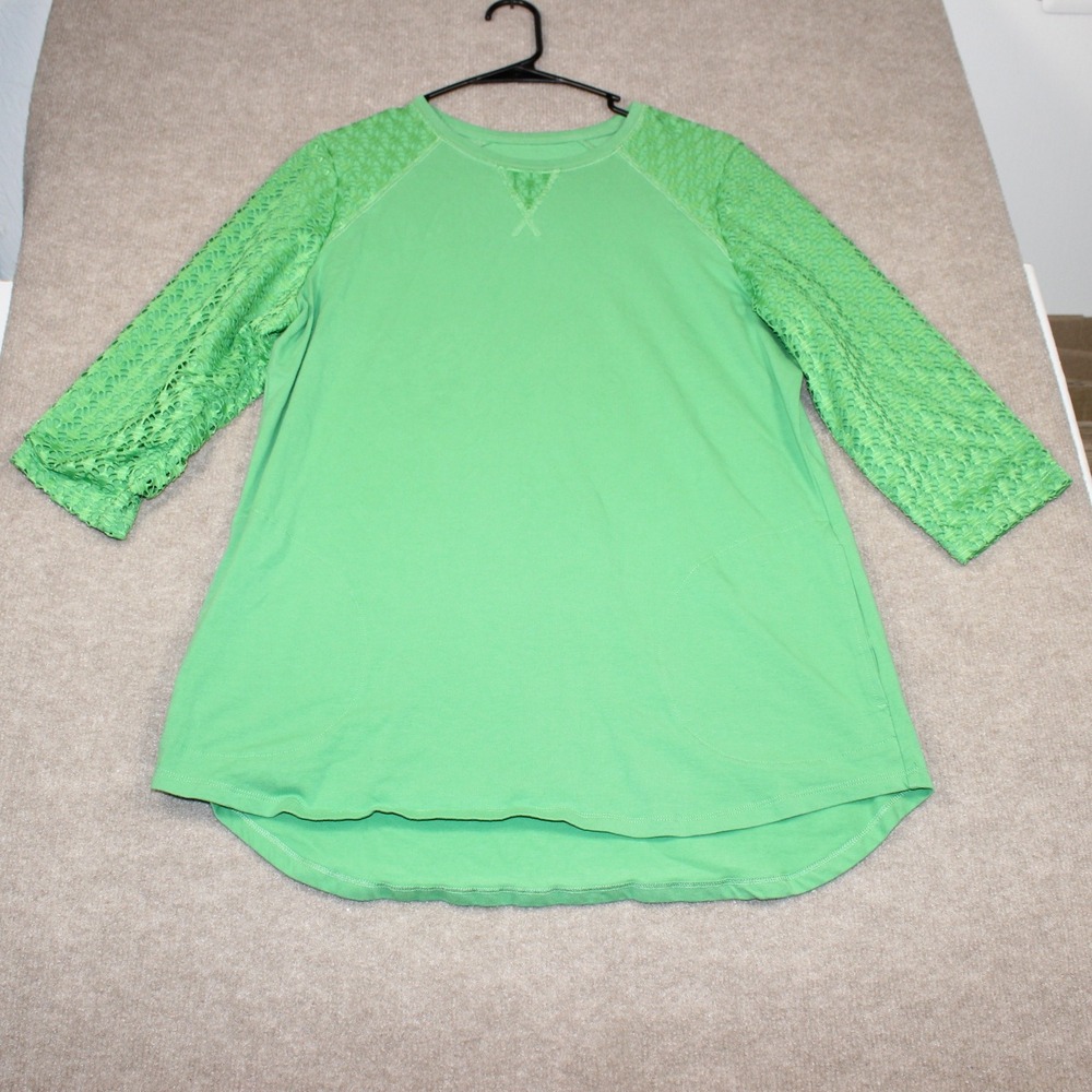 Denim & Co Active Green Lace Sleeve Tunic Top Small Pockets Raglan 3/4 Sleeve